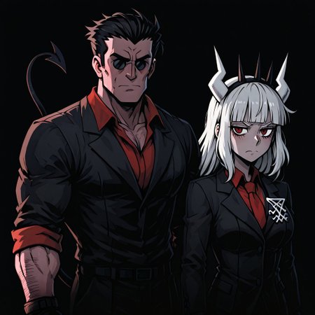 masterpiece, best quality, newest, absurdres, highres, 
SDPV1.0, Duo, duo focus, simple background, black background, neon lights, 
1boy, helltaker (helltaker), black hair, short hair, muscular, muscular male,
1girl, lucifer (helltaker), black suit, red necktie, black collared shirt, black gloves, blunt bangs, demon horns, demon girl, demon tail, red eyes, white hair, long hair