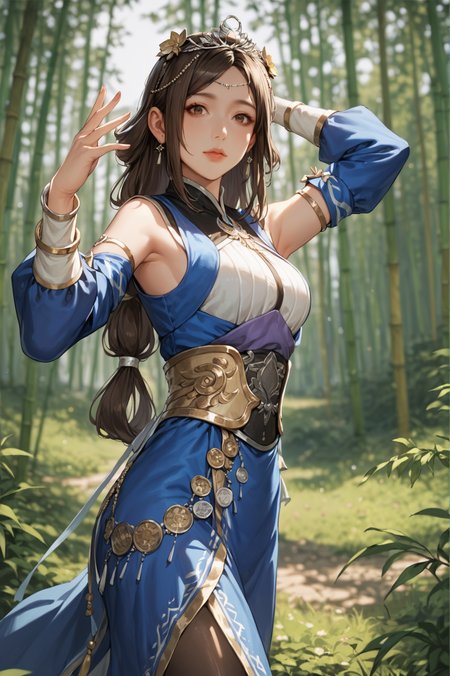 score_9, score_8_up, score_7_up, 1girl, solo, looking at viewer, cowboy shot, Lying on the stomach, arms outstretched, <lora:Cai_Wenji_Dynasty_Warriors:0.8> long hair, brown hair, brown eyes, jewelry, hair ornament, tiara, dress, detached sleeves, pantyhose, nature, bamboo, blurry, depth of field