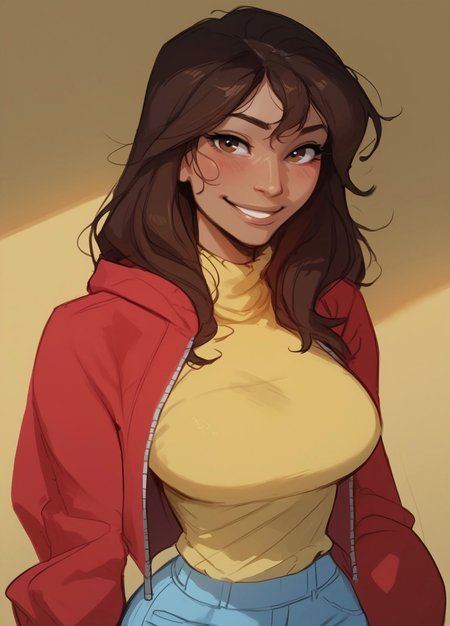 safe_pos, (score_9, score_8_up, score_7_up, score_6_up), Expressiveh, ((sketch, pastel, flat color)), masterpiece,

BREAK ((1girl, kamala khan, kamalakhan, brown hair, brown eyes, dark skin, long hair, dark-skinned female, large breasts, slender, medium waist, wide hips)), 

smile, blush, looking at viewer, (red hoodie, jacket, yellow shirt, blue jeans), portrait, solo, upper body