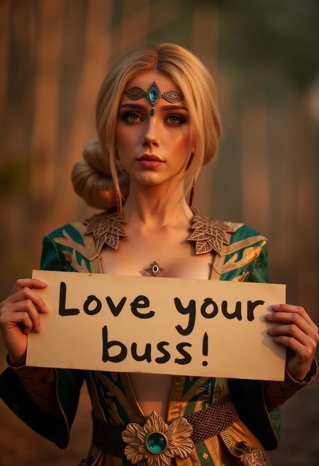 ultra realistic photo of TrissMA holding a sign with (((letters spelling"Love your buzz!"))), wearing revealing dress adorned with patterns, blonde hair, (maximum ultra high definition image quality and rendering:3), maximum image detail, maximum realistic render, (((ultra realist style))), realist side lighting, , 8K high definition, realist soft lighting, (amazing special effect:3.5)
  <lora:FluxTrissMA:1>