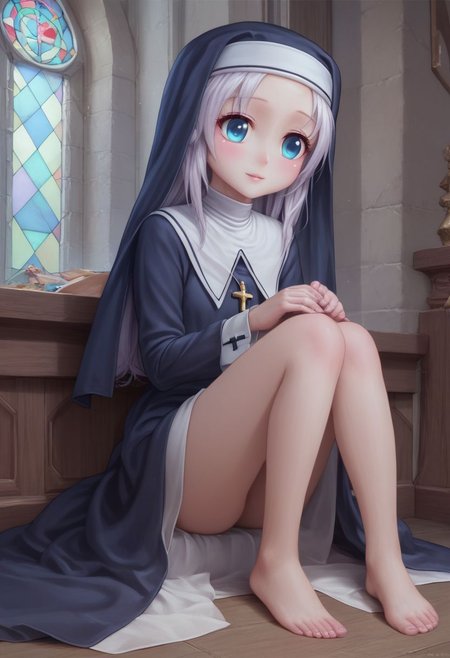 score_9, score_8_up, score_7_up, maria, nun,1girl, long hair, detailed blue eyes, cute, adorable, innocent, full body shot, detailed, pure, soft, sitting