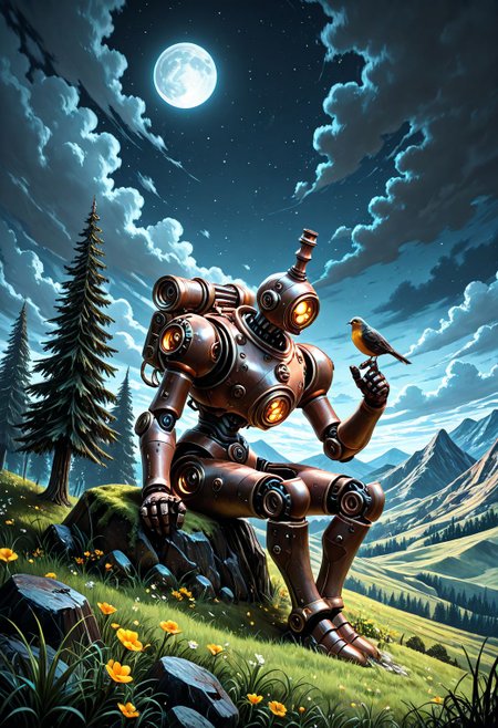 SmoothNoob_Quality,  steampunk. 1robot, size difference, sitting, flower, outdoors, cloud, night sky, full moon, tree, bird on hand, grass, cloudy_sky, scenery, nature,  rock, mountain, field, mountainous horizon, hill, moss, pine tree, rust, post-apocalypse, <lora:Smooth_SteamPunk:0.8>