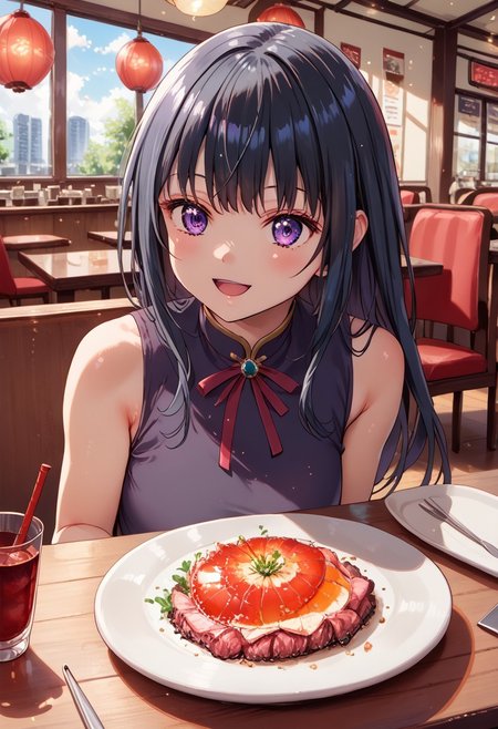 (score_9, score_8_up, score_7_up), black hair, inouetakina, purple eyes, 1girl, green sleeveless shirt, black sleeveless vest over shirt, happy, very aesthetic, okonomiyaki, food_focus, teppan, indoors, restaurant, chair, japanese food, glass cup, ceiling light, plate, table, menu, TEKOKOTE, holding TEKOKOTE, indoors, wooden table, pov across table, side view, detailed background, (indoors:1.3), <lora:okonomiyaki_SDXL_V4:1>, (best quality:1.2)  (high quality:1.1), <lora:RINJOH:1>, <lora:add-detail-xl:0,6>, <lora:xl_more_art-full_v1:0.5>,