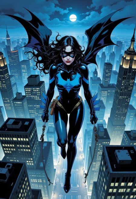 The image shows a female Nightwing in action, her lithe body gracefully soaring through the darkened night sky of Gotham. Her sleek, custom-designed suit, a vibrant blend of deep blue and black, shimmers under the city's ambient lights. Her long, dark hair streams behind her as she effortlessly navigates the cityscape, one hand gripping a retractable grappling hook, the other poised in a fighting stance. Her resolute expression, with a focus that reflects both determination and a hint of wild freedom, is a powerful testament to her skills and unwavering commitment to justice. The background is a mesmerizing expanse of Gotham's nighttime landscape, a blend of tall buildings and illuminated streets that gives the image a dark, gritty ambiance. The camera angle is centered, with a slight upward tilt to emphasize her dominance and sense of movement. This high-quality image is a perfect blend of the dynamic and the dramatic, enhanced by a cool color palette that accentuates the Gotham night and Nightwing's commanding presence, as if it's a memorable frame from a superhero film, a striking example of action-packed superhero photography, using a long exposure to capture the motion blur of her flight and the city lights.
Midjourney-Nova, Mangaka style, itacomic1 illustration