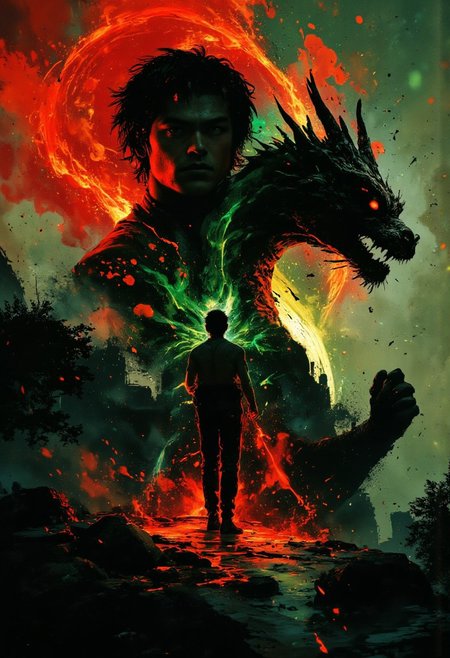 A mesmerizing double exposure portrait that seamlessly blends two captivating images. The main subject is a front facing profile of famous martial artist Bruce Lee ready to fight holding a Bo Staff. Overlaid within his silhouette is a green and red Chinese dragon. The effect is enhanced by the red color pallet. The background of the portrait fades into a soft, blurred gradient, allowing the double exposure effect to be the focal point. The overall image captures the man and dragon as one, with the double exposure technique adding depth and a surreal, artistic quality, shadows, night, volumetric image, complex exposure, digital art, hyperdetailed, hyperrealism, double expousure, perfection style, aidmafluxpro1.1, dynamic, man, photograph