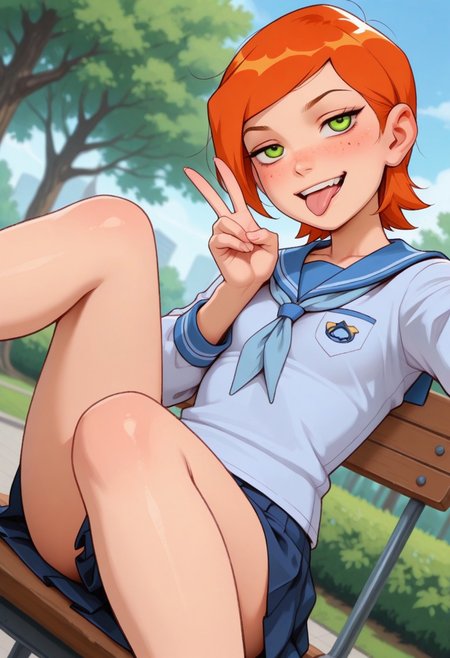 masterpiece, best quality, good quality, very aesthetic, absurdres, newest, 8K, depth of field, focused subject, mythp0rt,
stylized, wabi sabi, 
1girl, gwentennyson, orange hair, short hair, green eyes, messy hair, freckles, cute,
smug, mouth open, tongue out,
petite body, small waist, curvy, thighs, shapely legs,
small breasts,
school uniform,
dynamic angle, selfie, 
sitting, legs spread, legs raised, peace sign,
park,