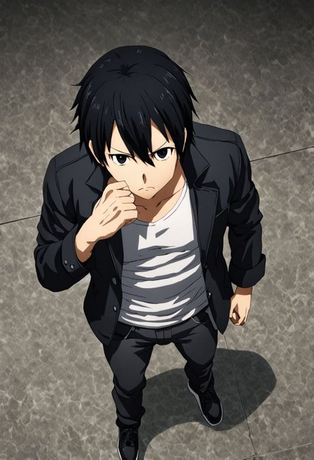 high resolution, solo, best quality, 1Boy, Kazuto Kirigaya, Black Hair, Black Eyes, casual, seen from above, gangster, dominant, intimidate, OverallDetail