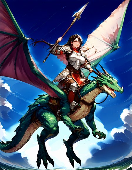 score_9,score_8_up,score_7_up,masterpiece,zPDXL3,<lora:Pony_DetailV2.0:1>,sky BREAK 1girl,1other,large breasts,
BREAK wyvern rider,dragon riding,knight,green dragon,polearm,holding polearm,holding weapon,flying,breastplate,<lora:wyvern rider-pony-v35:1>,smile,closed mouth,