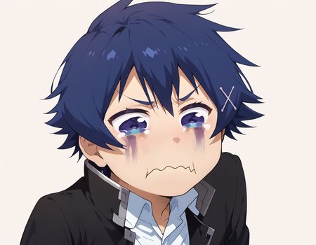 score_9, score_8_up, score_7_up, ichijou raku, aquacrying, wavy mouth, closed mouth, tearing up, <lora:concept_aquacrying_ponyXL:1> <lora:Degen-ichijou_raku_PDXL:0.9>, school uniform, black jacket, simple background, white background, blue hair, runny makeup,  hair ornament,