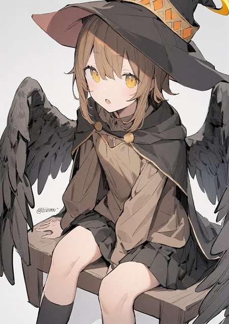 1girl, 
aiamu iamu, 
skirt, :o, signature, halo, brown hair, open mouth, grey background, black skirt, closed mouth, hair between eyes, yellow eyes, wings, black headwear, witch hat, long sleeves, twitter username, looking at viewer, blush, black socks, black cape, socks, hat, cape, feet out of frame, pleated skirt, shirt, brown shirt, medium hair, sitting, black wings, solo focus, feathered wings, 
masterpiece, best quality, absurdres, highres, safe
 <lora:aiamu_iamu_image45_2024-03-28_a31-000040:1>