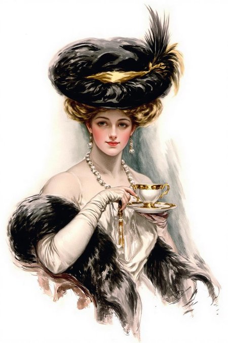hafisher1 illustration. 
A woman from the late 19th century. She is holding a delicate teacup and saucer, suggesting an elegant and refined setting. She has wavy, blonde hair styled in an elaborate updo adorned with a black, wide-brimmed hat with a yellow band and a large, dark feather extending from the side, adding a touch of opulence.
 <lora:hafisher1_cap_d6a3e12:1.0><lora:829845698288806909:0>
