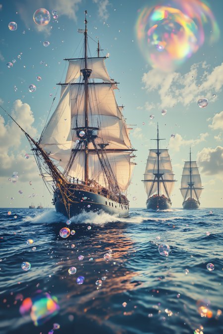 A fleet of ships sails through a sea of floating bubbles, each bubble containing a different type of weather. The ships are grown from living wood and crystal, their sails made of woven light catching impossible winds. Crystal frameworks extend from their hulls, popping select bubbles to harvest their weather. The crew walks on decks that shift like liquid metal, while navigation is done through arrays of floating prismatic crystals. , detailed background  Fantastic lighting. Detailed shadows.intricate details, vivid colors, hyper-detailed, ultra-sharp, High resolution, high detail. Highly detailed. <lora:OBæç«å¾äººåæå½±Instant camera portrait photography V2.0:1.0>, <lora:Dark side of light:0.55>, <lora:aidmaFLUXPro1.1-FLUX-v0.3:1.0>, <lora:Glitchcore_Flux:0.8>,