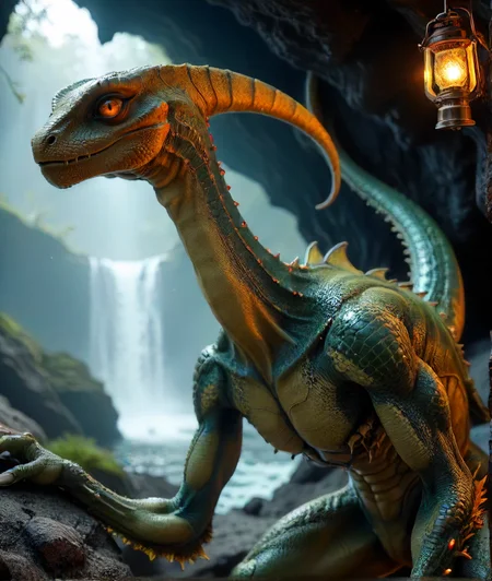 shiny skin, high quality, cel shading, reptoid with a grudge green-skin, lizard tail, dark cave lit only by lantern, realistic shadows, smooth skin, dynamic action shot, glowing, no humans, EZRealPONYXL \(artist\), tail, slit pupils, black background, blue eyes, red eyes, monster focus,
View from the side. A large green-skinned monster with a long tail and big yellow-orange eyes is standing in front of a dark cave entrance. The creature has a very wide body with a large head and a long neck. Its legs are thick and muscular and it has sharp claws on its hands.
score_9, score_8_up, score_7_up, score_6_up
 <lora:Creat0r_MagicDetailzV2_FIX:1>
