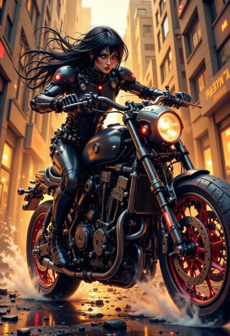 nistyle, a_skynet_cyberdyne_craft, the image is featuring a Japanese goth woman (leather jacket, leather trousers, long flowing hair, dark eyeshadow, red lips) riding a Cyberdyne superbike with a skull mounted on the handlebars, adorned with intricate, metallic details, including bolts, wires, and mechanical components, giving it a highly advanced, industrial military look, red lights and diodes.  He is riding at extreme speed down a narrow cyberpunk alleyway, extreme motion blur on the background and wheels emphasising the extreme speed, sunset, chiascuro