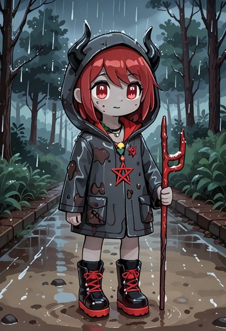 score_9, score_8_up, score_7_up, BREAK
highres, highly detailed, high resolution, high quality, 
source_anime, anime screencap, saturation, vivid colors, 
1girl, solo, luce, full body, standing, demon girl,
(dark red hair:1.2), (big dark red eyes:1.1), medium hair, cute, (grey skin:1.1), (horns:1.2), 
(long black raincoat:1.1), dirty black rubber boots, 
pentagram necklace, holding red trident, 
cute, bokeh,
blurry background, forest background, path, rain, 
stkyswt, outline
