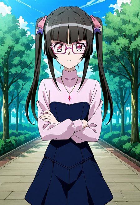 score_9, score_8_up, score_7_up, BREAK zPDXLx, mur4k4mi-ip, anime screencap, anime art style, senki zesshou symphogear, twintails, crimson eyes, pink-framed eyewear, black hair, glasses, crossed arms, long hair, twintails, jewelry, pink eyes, necklace, looking at viewer, outdoors, tree, bangs, blunt bangs, multiple girls, sky, day,solo, 1girl, shiny hair, skirt