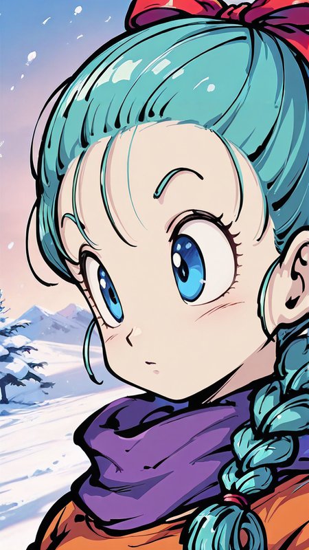 ,masterpiece,best quality,newest, <lora:Bulma_IL:0.7>  bulma, dragon ball \(classic\), teenage, blue eyes, hair pulled back, aqua hair, hair ribbon, braid, single braid, 1girl, solo, outdoors, snow  <lora:Tokiame_Style_Illustrious_V1:1.0> tokiame, eye focus