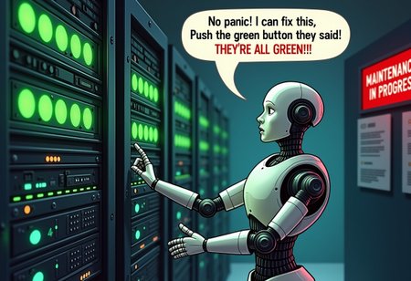 A Robot/Human hybrid  performing Maintenance on a Server farm, a series of green buttons can be seen on the servers. a panicked look on his robotic features, a bubble above his head reads, No panic! I can fix this. Push the green button they said! THEY'RE ALL GREEN!!!, A red sign on the wall reads, MAINTENANCE IN PROGRESS.