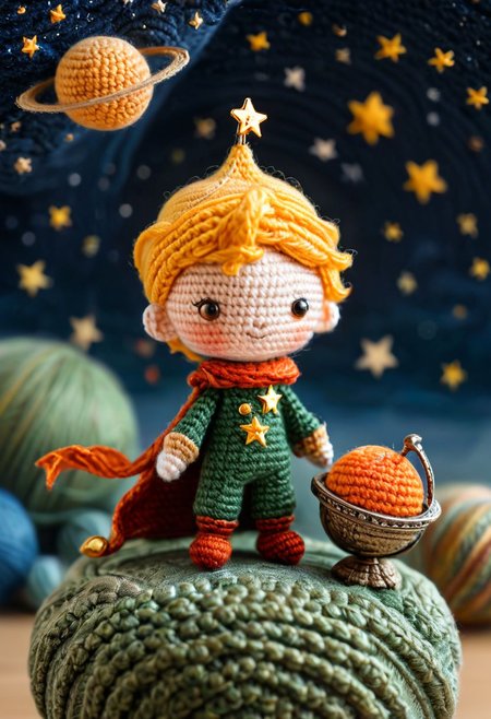 the little prince standing on small planet in starry sky, by saint exupery, crocheted style