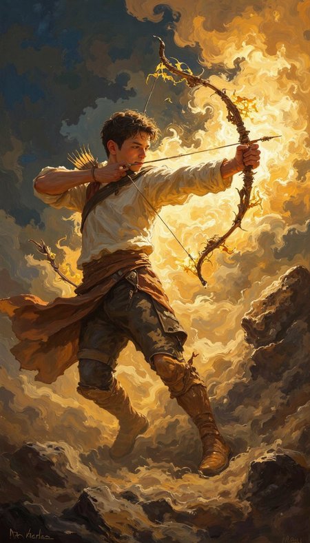 The image depicts a male archer drawing a bow, his body and the bow and arrow composed of or surrounded by swirling, golden energy. The artwork is in a fantasy style, with a dramatic use of light and shadow. The overall mood is one of power, focus, and determination, evoking themes of archery, skill, and possibly divine or supernatural ability.