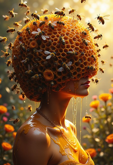 Stunning beautiful, masterpiece, raw quality, best quality, extremely detailed.Create a semi-realistic painting of a person with a beehive instead of a head, embodying an intriguing blend of nature and humanity. Surround them with a flurry of buzzing bees, creating a dynamic and lively atmosphere. Lot of honey drips from the openings of the hive, to the lips, glistening in the light and pooling around their shoulders, honey flows down onto the chest, enveloping the body. The background features a dreamy landscape filled with vibrant flowers, enhancing the surreal quality of the scene. Capture the person's body language, suggesting a calm yet whimsical demeanor, as if they are at one with the swarm of bees. The lighting should be warm and inviting, casting soft shadows that highlight the textures of the beehive and the sweetness of the honey. This composition aims to evoke a challenging the viewer's perception of identity and nature.
<lora:ImageUpgraderV2:0.65> detailmaximizer  <lora:ARTifacts:0.55> art1fact <lora:fluxenhancer:0.3> fluxenhancer