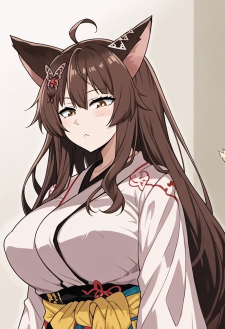 1girl, fumi \(nijisanji\), animal ears, long hair,, brown eyes,  hair ornament, sash, very long hair, butterfly hair ornament, brown hair, hair between eyes, virtual youtuber, hair flower, fox ears, fox girl,  tail, fox tail,  <lora:pony_char_fumi_(nijisanji)-000045:1>,,,,, anime coloring, anime screencap, 1girl,Solo ,, anime,PUFFY nipple,huge breasts,,official art, Uncensored ,Unedited ,,,, , ,,,