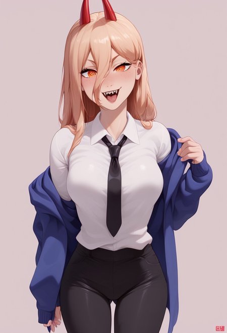 score_9,score_8_up,score_7_up, source_anime, 2.5D, Expressiveh, 1girl, whole face visible, whole body visible,
BREAK,
Power (Chainsaw Man), freckles, yellow eyes, cross-shaped pupils, blonde hair, long hair, red horns
BREAK,
collared shirt, white shirt, black necktie, blue jacket, (black pants), open jacket, off shoulder
BREAK,
shiny skin, perfect ass, small ass, medium breasts, perfect breasts, slender figure, short, small waist, 
BREAK,
girl looking at viewer, sexy, extremely horny, standing