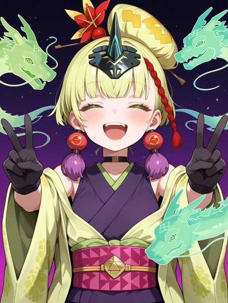 no-p.u.n.k. deer note,1girl,solo,open mouth,smile,looking at viewer,teeth,:d,upper body,blush,red hair ornament,purple tassel earrings,black choker,black gloves,black horn headpiece,green haori,purple sleeveless kimono,pink sash,ringed eyes,off shoulder,outstretched arms,double v,closed eyes,green hologram east dragon,
masterpiece,best quality,amazing quality,very aesthetic,absurdres,newest,<lora:No-P.U.N.K. Deer Note illusXL v1:0.75>,
