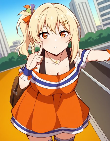 score_9, score_8_up, score_7_up, source_anime, <lora:ai-miyashita-saikou-heart-mv-ponyxl-lora-nochekaiser_r1:1>, ai miyashita, bangs, blonde hair, hair ornament, orange eyes, braid, sidelocks, medium hair, side ponytail, orange eyes, french braid,, skirt, thighhighs, jewelry, collarbone, necklace, off shoulder, tank top, wristband, cheerleader, pom pom (cheerleading), orange skirt, gyaru, heart necklace, train station, waiting for train, suitcase, traveling, commute, city skyline, hands behind back, , <lora:finger-to-cheek-ponyxl-lora-nochekaiser:1>, finger to cheek, index finger raised, pointing at self, bedroom, parted lips, leaning forward, bent over, cowboy shot, dutch angle,, looking at viewer, solo,, dutch angle, cowboy shot