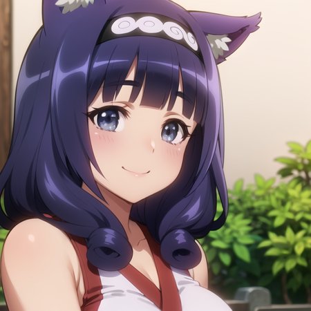 beautiful, masterpiece, best quality, extremely detailed face, perfect lighting, 1girl, solo,  <lora:HitamuKyan:0.6>, hitamukyan, hairband, shirt, bike shorts, black belt, smile, portrait