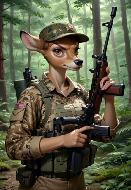 score_9, score_8_up, score_7_up, score_6_up, source_furry, 1girl, solo, anthro deer,  bambi, masterpiece, in a forest, wearing green camo hunter clothes, camo hunter hat, upper body, (holding rifle, aiming rifle at viewer:1.6), angry,  hyper realistic, 