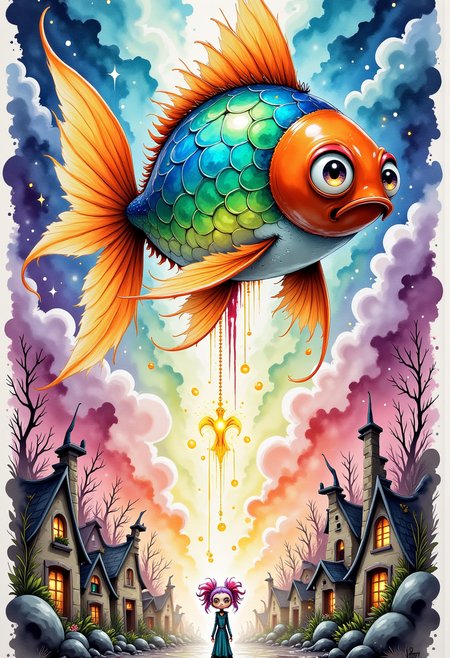 A colossal goldfish swims through a vibrant, twilight sky, its scales shimmering with iridescent hues of emerald and sapphire, rather than the usual molten gold. Its eyes are large, round, and filled with playful curiosity instead of terror. The fish's tail propels it forward in graceful, high-detailed loops, creating whimsical waves that ripple through the sky like streams of paint.  Beneath this spectacle, a quirky village sits on its haunches, surrounded by lush, candy-colored flora. Villagers stand frozen with wide eyes and goofy grins, their shadows elongated in fun ways. They are adorned with random colors and patterns from the rainbow.  One woman glows with a golden aura, her eyes sparkling like emeralds. Her hair is styled like a colorful fountain with pink curls that flow around her in the breeze, she kneels in high-quality detail in the village square. , WackSplashDaal 