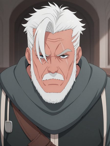 masterpiece, best quality, amazing quality, 1 boy, solo, male focus, Glen Garia, old man, scar, gray eyes, beard, old, white hair