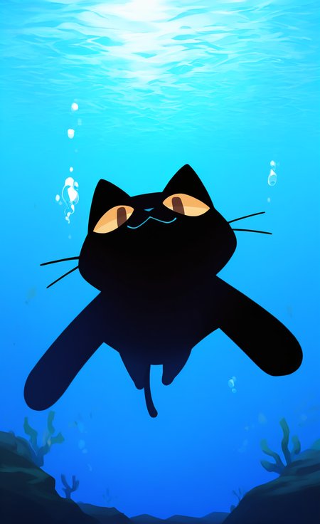 masterpiece, best quality, good quality, very awa, very aesthetic, absurdres, newest, solo, looking at viewer, smile, closed mouth, brown eyes, water, no humans, :3, black cat, air bubble, underwater, front view, cat focus, whiskers, swimming,diving, haiz_ai, no lineart,no outline,
From Below, Perspective, <lora:ponyv6_noobV1_2_adamW-000017:0.7> <lora:USNR_STYLE_XL_lokr:0.45> <lora:MeMaXL4:0.7> <lora:haiz_ai_illu:0.7> <lora:namukijpg_ill:0.7>