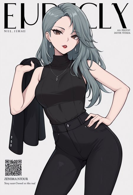 masterpiece, best quality, newest, fake magazine cover, english text, qr code, solo, 1girl, saeni1jima, red lips, parted lips, looking at viewer, standing, contrapposto, hand on own hip, holding jacket, black jacket, long hair, grey hair, brown eyes, black sweater, sleeveless turtleneck, black pants, earrings, necklace, bare shoulders
<segment:yolo-Anzhc Face seg 640 v3 y11n.pt,0.4,1//cid=11>