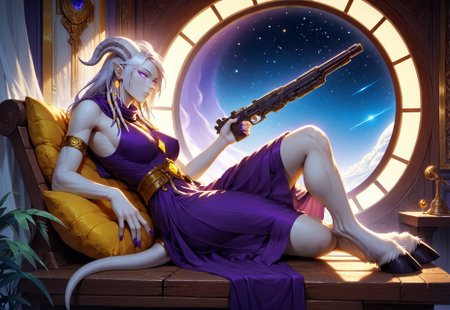 (absurdres, best quality, masterpiece:1.4), score_9, score_8_up, score_7_up, score_6_up, detailed, detailed body, detailed face, world of warcraft, fantasy, <lora:add-detail-xl:1.5>,

fFaceDetail, (female, draenei, h0rns, ram horns, white horns, tall, athletic arms, pale white skin, long white hair, purple eyes, long white tail, long fingers, purple fingernail polish), 

(long loose purple dress, purple silk scarf, tail under dress, simple armlet, small yellow gem pendant, small yellow gem earrings),

portrait, side view, looking to viewer, angered face, (lying down, lying on bench, lying on side),

GunMonk, shotgun, full body, side view, (window in background, outer space in background, stars, no clouds), sitting at table, legs on table, leaning back in chair