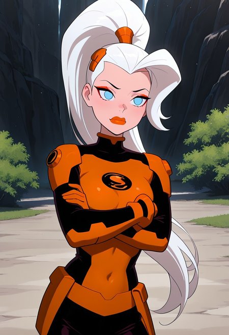 masterpiece, best quality, amazing quality, very aesthetic, absurdres, newest, ((screencap, parody, cartoon))
drewsat, 1girl, long hair, white hair, ponytail, blue eyes, makeup, lipstick, eyeshadow, 
armor,, orange bodysuit
expressive face, 
crossed arms, leaning to side, mad, orange visor,
