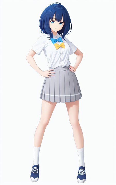 8k, best quality, masterpiece, (ultra-detailed), (high detailed skin), 
(white background,simple background:1.3), solo, hands on hip, (full body:1.1), looking at viewer, 
<lora:Yanami_Anna-sd-Tanger:1>, Yanami Anna, 1girl, blue hair, blue eyes, 
default clothes, socks, white shirt, shoes, short sleeves, blue collared shirt, school uniform, bow,