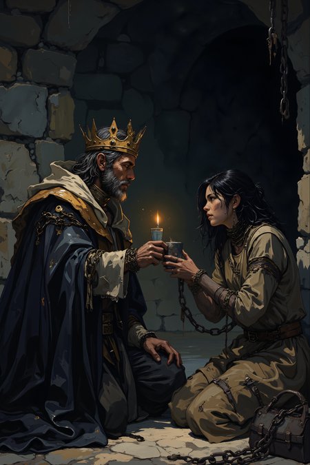 In the dim light of a dungeon, a king with weathered hands and a crown that has long lost its luster kneels beside a chained prisoner, offering a cup of water. The prisoner, a woman with dark, tangled hair and bruises marring her dusky skin, looks up with hollow, suspicious eyes, her chains rattling as she shifts away. The stone walls of the dungeon are cold and damp, lit only by a flickering torch that casts long, wavering shadows on the ground. The kingâs once grand robes are tattered and stained, and his face is etched with years of sorrow, but his eyes hold a deep, quiet mercy as he presses the cup into her trembling hands. The air smells of mildew and despair, the silence broken only by the distant drip of water. Yet in this moment, the kingâs voice is gentle, offering forgiveness instead of judgment, compassion instead of condemnation. The prisoner, broken and wary, hesitates before taking the drink, her cracked lips parting as she gazes up at him with a flicker of disbelief. The scene is bathed in the soft glow of humility, where power bends to mercy, and a king seeks to heal what has been broken by the weight of his reign. DB4RZ, DB4RZ style painting, NeoPigma, in the style of cksc, anime, cyberpunk, a masterpiece, award winning,<lora:CPA:0.5><lora:FLUX-daubrez-DB4RZ:0.3><lora:NeoPigmaV3:0.35><lora:ck-shadow-circuit-000021:0.35>