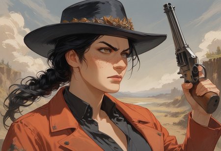 score_9, score_8_up, score_7_up, score_6_up, score_5_up, score_4_up, 4k, 1girl, solo, Red Dead Redemption style, 1800's western painting style, sketch, paperback novel cover art style, american old west, action shot

Hanna running and shooting a schofield revolver with her coat flying and hair flying behind her.

BREAK

Hanna is a tan 30 year old female bounty hunter with long black hair, serious eyebrows and brown eyes with dark circles under them, snarling expression.  Wearing a black hat and wearing a (((faded dusty maroon gun fighter long coat))) over a black button up shirt, short, round head, gunfighter, tough woman, medium bust