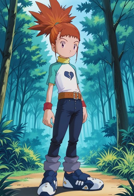 score_9, score_8_up, score_7_up, highres, high quality, digimon, 
RikaNonaka, 1girl, solo, ponytail, red hair, orange hair, two-tone hair, purple eyes, turtleneck, t-shirt, raglan sleeves, red wristband, belt, blue pants,, long legs, skinny 
1 girl, standing, hand on hips, cowboy shot, thighs, 
outside, in forest