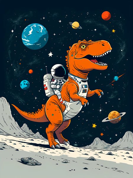 cartoon design of an astronaut riding a t-rex in space <lora:xl_more_art-full_v1:0.5> 
