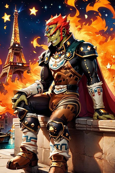 score_9, score_8_up, score_8,   BREAK, , ,,, zzGanondorf, 1boy, red hair, dark skin, armor, gloves, jewelry, boots, muscular, shoulder pads, short hair, cape, muscular,  fire, aura,  <lora:Ganondorf_OoTZelda_PDXL:0.8>,   ,,,, BREAK, zzEiffelTower in background, sitting, watercraft, boat, sitting on wall, side view, looking at viewer, smile, ,,, BREAK, blooming stars, luminescent petals, otherworldly fragrance blurry background, ,,, embedding:zPDXL, Expressiveh, ,,, <lora:EiffelTowerPDXL:0.8>, <lora:CatalystStylePDXL:0.6>, <lora:SDXLFaeTastic2400:0.5>, <lora:Expressive_H-000001:0.4>,