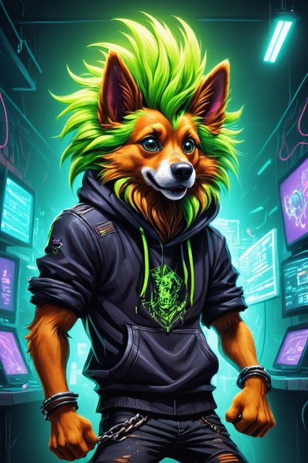 Detailed digital illustration of an anthro Dog (Tossing hair back, carefree attitude) at a Underground hacker den with neon screens, <lora:xl_more_art-full_v1:0.5>,  <lora:anthro_muscular:0.7> , <lora:madpunk:0.4> madpunk