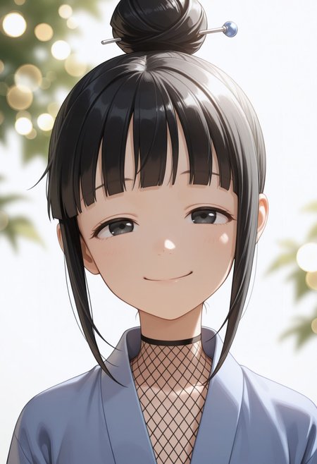 masterpiece,best quality,absurdres,highres,very aesthetic,high quality,detailed,insanely detailed,beautiful,perfect lighting, ,depth of field,blurry background,bokeh, looking at viewer, 
white background, simple background, smile, happy, head tilt, sunlight, facing viewer, straight-on, portrait,
 <lora:Mokuren illu:1> 1girl, black hair, black eyes, single hair bun, blunt bang, hair ornament, sidelocks, hair stick, japanese clothes, blue kimono, ninja, fishnet top, short kimono, fishnets