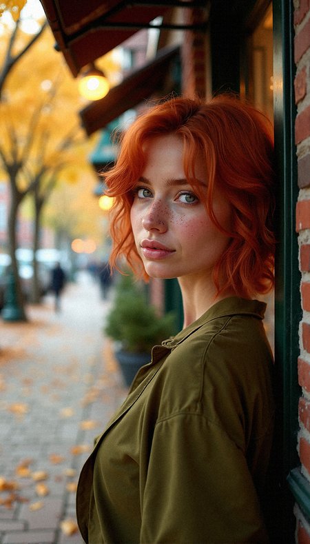 Create a photorealistic composition featuring a glamorous young beauty with vibrant red hair in a small-town street scene during autumn. She is near a shop window, wearing an olive-green blouse that complements the warm tones of the surrounding environment. Her short, tousled bob frames her freckled face, capturing the soft light from nearby streetlamps. The cobblestone pathway is sprinkled with fallen leaves in shades of orange and yellow, and the street is lined with charming brick buildings. Trees with autumn foliage add color to the scene, while a gentle mist envelops the background, adding depth and tranquility. The woman’s expression is thoughtful, as she gazes away from the camera, lost in contemplation. The overall atmosphere is warm and nostalgic, with soft shadows enhancing the realism and capturing the essence of a peaceful autumn day in a quaint town.Subtle mist enveloping the street for a dreamy effect.Detailed textures on the brick pathway.Realistic light reflections in the shop windows.Natural texture on her hair strands.



