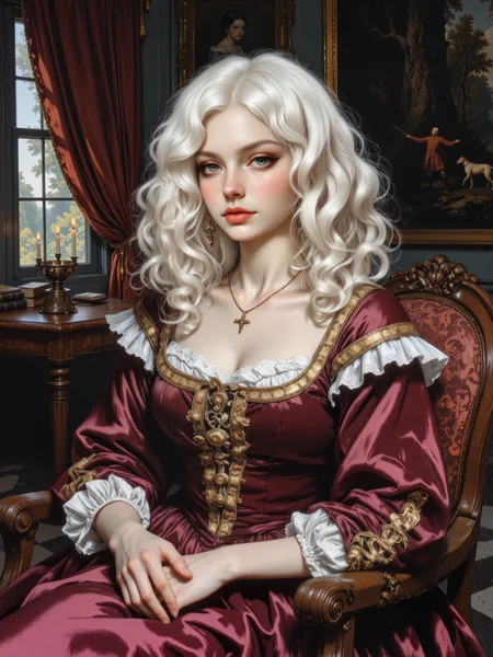 famous artwork, a masterwork baroque portrait painting of fictionalpoppy, painted on canvas with oil-based pigments, subtle brushstrokes visible upon close examination, inspired by the renaissance and baroque court portrait traditions, blending realism with soft painterly textures, influenced by the works of anthony van dyck and titian, highly aesthetic, dramatic, epic, meticulous, accurate, golden ratio, platinum blonde hair, drill curls, blue-grey eyes, winged eyeliner, in an opulent, dimly-lit court chamber, rich velvet drapes in deep burgundy and gold cascade from the tall windows, intricate tapestries depicting mythological scenes adorn the walls, a heavy dark wood table with gilded accents partially visible in the background, candelabras flickering softly, casting warm light across the polished marble floor, in the foreground, a noblewoman with silver-white hair styled in loose, softly curled locks, cascading past her shoulders, pale porcelain skin with a subtle flush on her cheeks, soft blue-gray eyes gazing with quiet confidence, lips faintly rose-tinted, delicately parted, adorned in an exquisite burgundy velvet gown with gold embroidery along the bodice and sleeves, pearl embellishments, and a ruffled lace collar framing her neck, a fine gold chain with a small pendant resting against her chest, her hands elegantly placed, one resting lightly on her lap, the other holding a delicate lace handkerchief, soft three-quarter view portrait, slight downward angle emphasizing her regal posture, drawing attention to the rich textures and details of her attire, warm chiaroscuro lighting, gentle interplay of light and shadow highlighting her face and gown, the color palette is predominantly eggshell white and wine red and teal and obsidian black, ovg, style of rembrandt, r3alisticf, del1cate_balance, <lora:poppy-character-flux-by_meower2024:0.8> <lora:style-rembrandt-flux-by_tangbohu:0.48> <lora:style-delicate_balance-flux-by_autopastel:0.48>