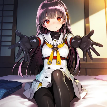 <lora:Mibu_Kikuchiyo_1_nai-000042:1>,Mibu Kikuchiyo,
black gloves,elbow gloves,white skirt,Japanese clothes,white shirt,black pantyhose,
1girl,solo,sitting,on bed,front view,straight-on,looking at viewer,reaching towards viewer,outstretched arms,shy,blush,knee up,