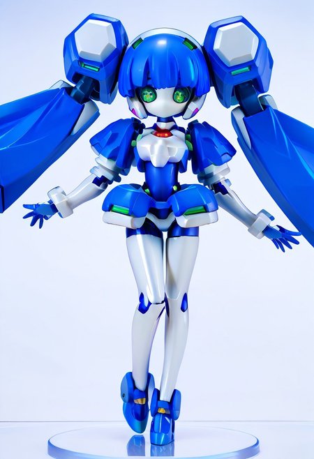 masterpiece, score_9, score_8_up, score_7_up, EasyNegative_v2, 
(best quality:1.1),ultra-detailed, high resolution, super detailed skin, beautiful detailed eyes, nsfw, Brightly Lit, Highly Visible, 8k, sharp focus, beautiful, perfect lighting, beautiful eyes, anatomically correct, anatomically correct face, extremely detailed eyes, smooth edges, beautiful face, symmetrical eyes, symmetrical face, 
(standing, Full-body view:1.2), 
1girl, cute girl, blazermate, (robot girl, android:1.3), (roaot eyes, green eyes, blue hair, twin tails, no mouth:1.2), (colored skin, robot skin, white skin, blue skin, robot joints:1.5), 
(simple background, white background:1.2), (solo focus:1.5), 
(looking at viewer:1.5),  (figurine:1.5),
