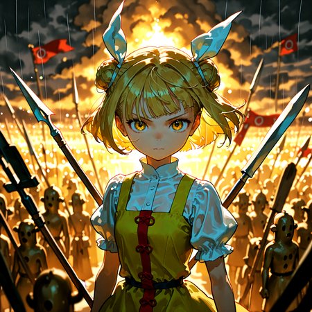 optical illusion, munakata_(sekimizu_kazuki), piaki, link163353, tsukamoto_anabone, joutouguu_mayumi, absurdres, highres ,1girl ,army, banner, blonde_hair, blurry, blurry_background ,closed_mouth, cloud ,dark_clouds, depth_of_field,dress, hair_ribbon ,haniwa_(statue) ,horse ,looking_at_viewer ,polearm, puffy_short_sleeves, puffy_sleeves ,rain ,ribbon ,serious ,shirt ,short_hair ,short_sleeves upper_body, weapon ,white_ribbon, white_shirt ,yellow_dress ,yellow_eyes,
<lora:illustrious_noobai_epsilon_pred_1_best_quality_v1:0.7> ,<lora:illustrious_noobai_epsilon_pred_1_masterpieces_v1:0.7>, <lora:ponyv4_noob1_2_adamW:0.7>, <lora:touhou_146:0.5>
